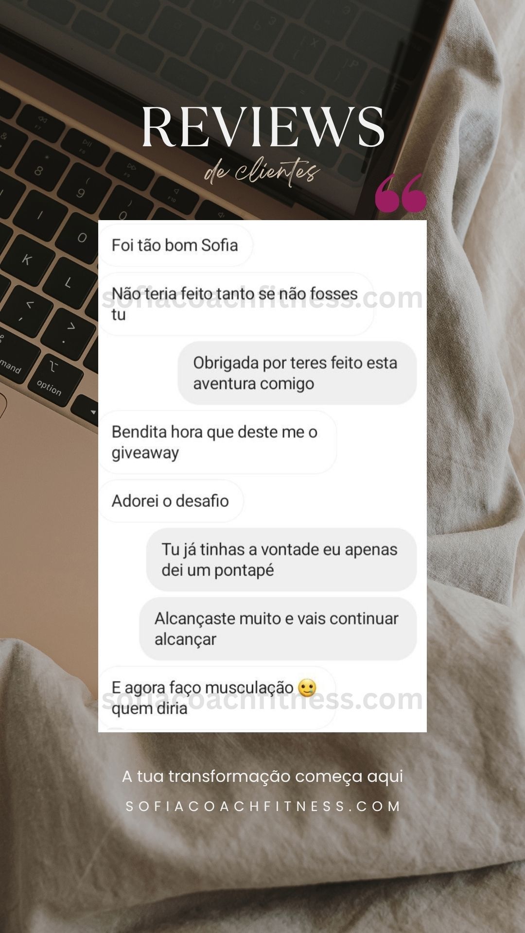 Testemunho de cliente com transformação corporal e plano de treino personalizado